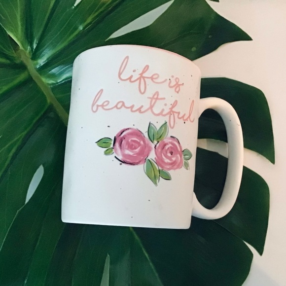 Livegreen “Life is beautiful” pink Roses Green leaves coffee or tea mug NWT - Picture 1 of 9